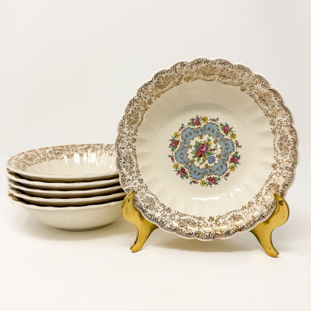 Limoges Lyric Set of 6 Soup Bowls 6” Floral 22K Gold Scalloped Vintage USA